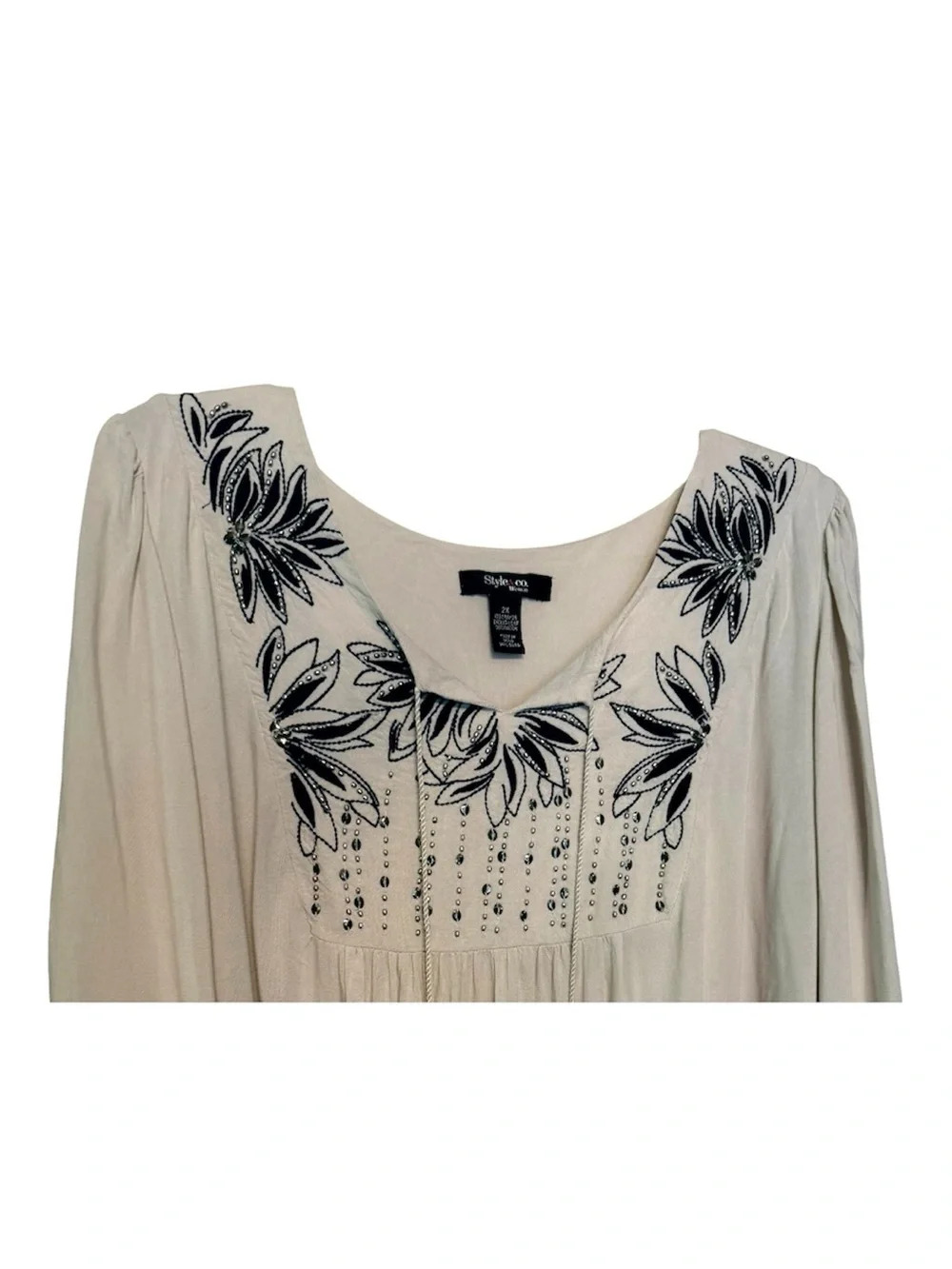 Style & Co Stone Beige & Navy Embroidered Beaded Boho Blouse 2X